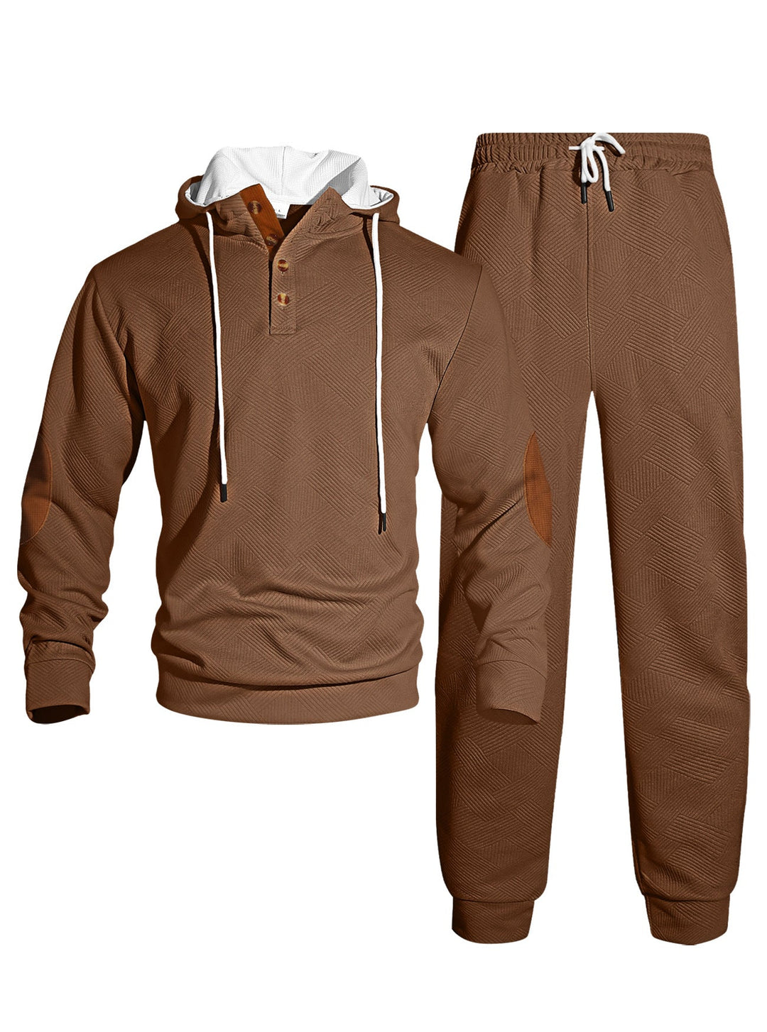 Męska waffle structure Henley bluza z kapturem set z wooden Listwa guzikowa elbow patches i tapered joggery