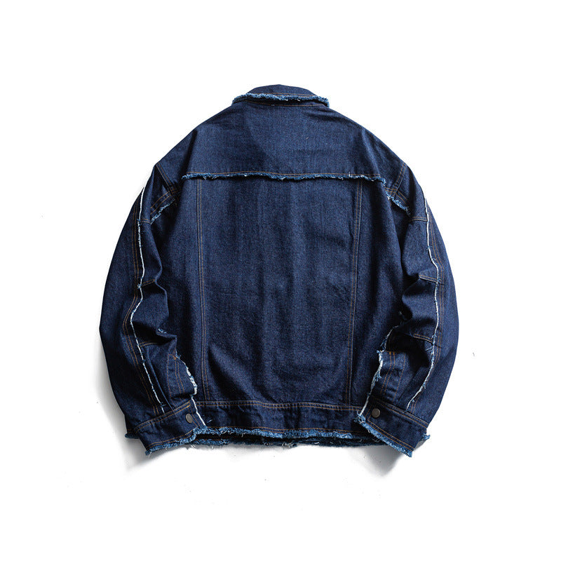 Męska oversize jeansy kurtka z Frayed Edges i Large kieszeniami z patkami