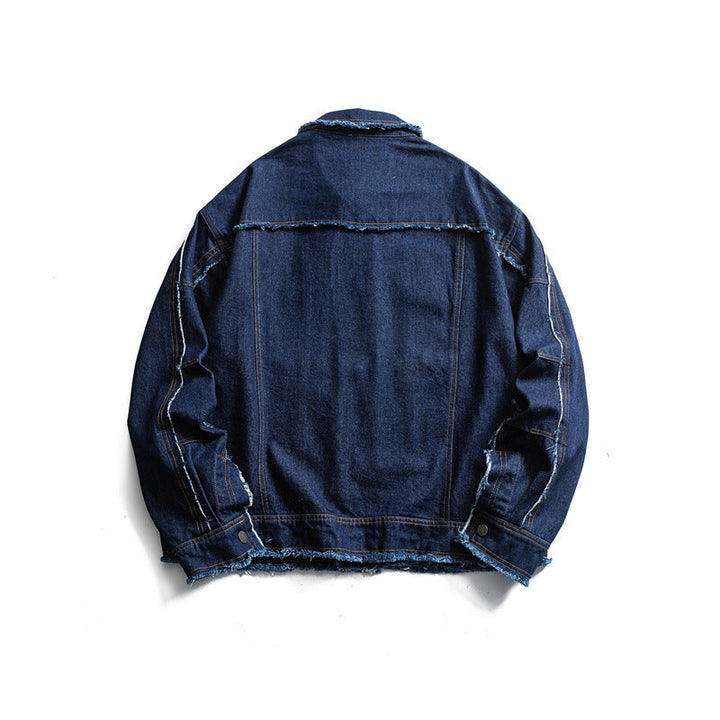 Męska oversize jeansy kurtka z Frayed Edges i Large kieszeniami z patkami