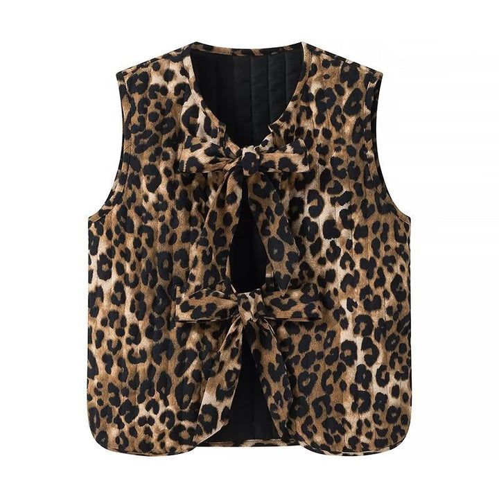 Damska bez rękawów Leopard Print kamizelka z Ties i Textured Surface Lumaza