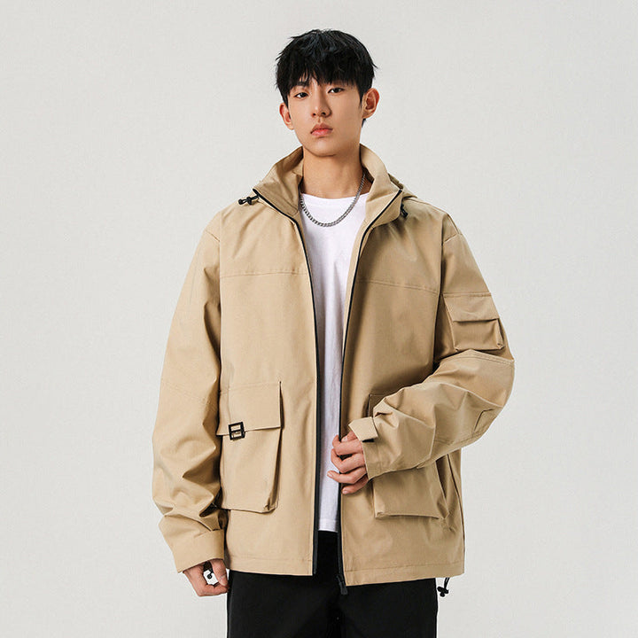 Męski Oversize Utility Kurtka z Technical Softshell, Kaptur i Wiele Kieszenie
