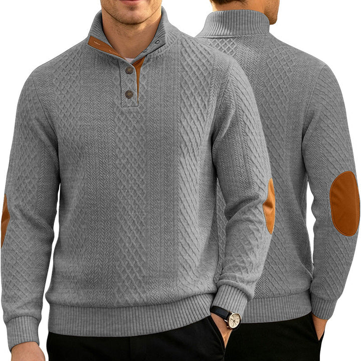 Męska Cable Dzianina Jumper z Stójka i Skóra Wygląd Elbow Patches