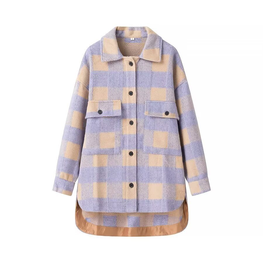 Damska oversize Check Teddy kurtka z Extended Back i naszywane Chest kieszeniami Lumaza