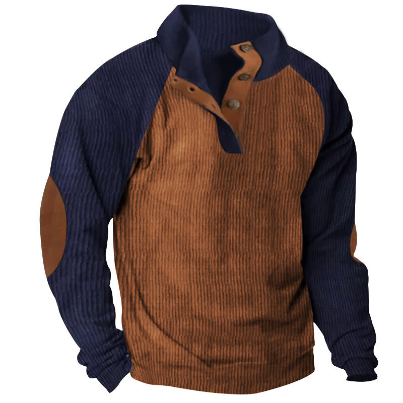 Męska Strukturalny Raglanowy Henley Pulower z Stójka, Elbow Patches &amp; Listwa guzikowa