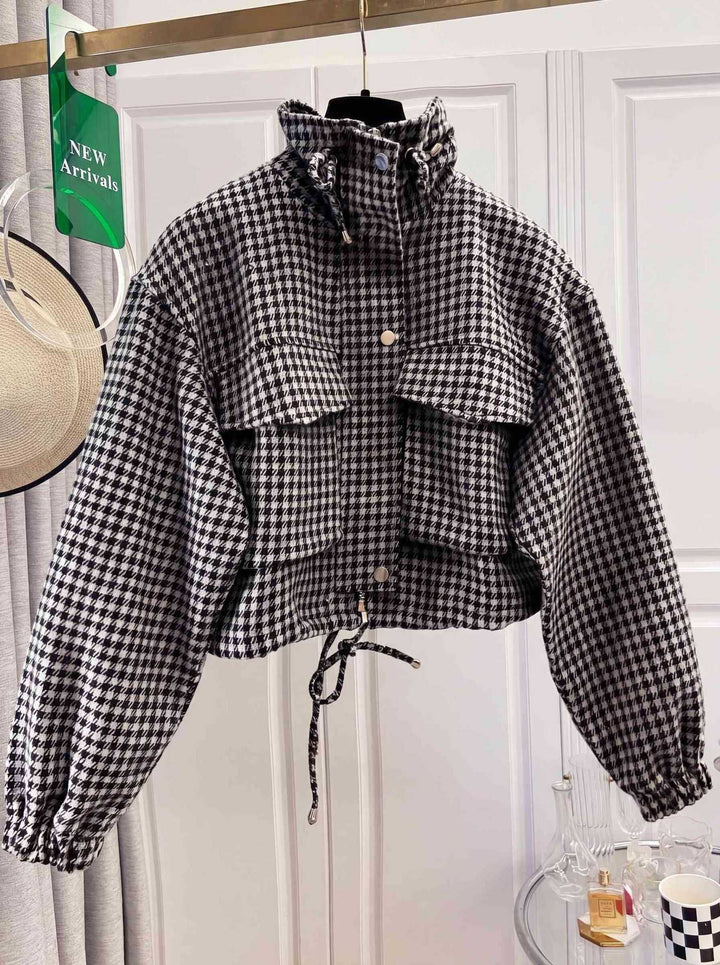 Damska Checkered krótka kurtka z stójka kołnierzem, ściągaczem i Elastic Cuffs Lumaza