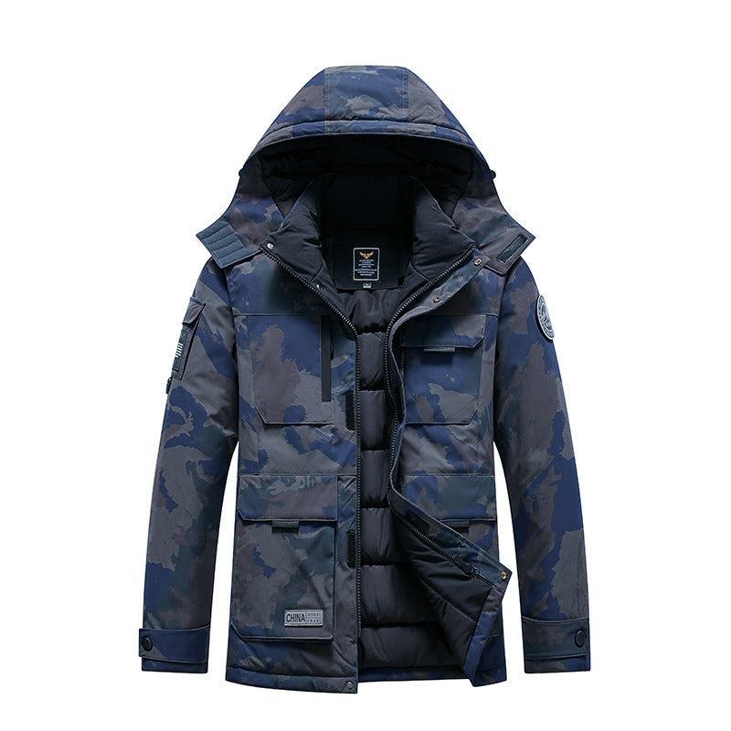 Męska ocieplana field parka z kapturem, Multiple utility kieszeniami i wiatroszczelna Shell