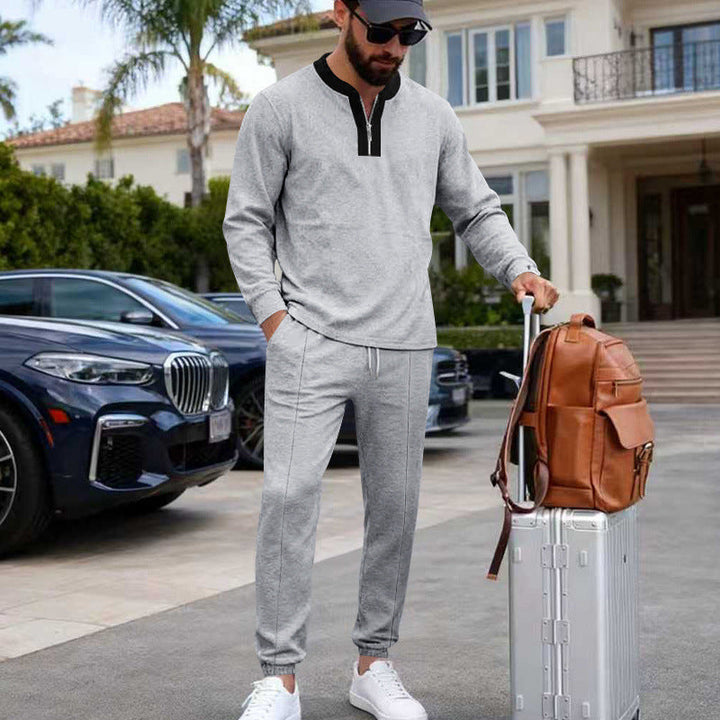 Męska Lekka Henley Loungewear Set z Kontrastowy Kołnierz, Ściągacz Joggery i Elastyczne mankiety