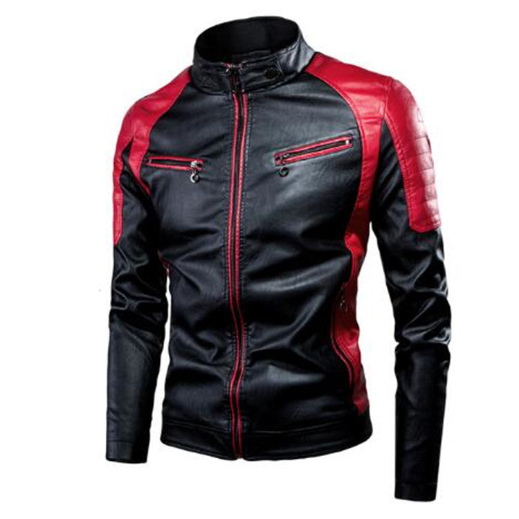 Męska Slim Fit Motorcycle kurtka z imitacji skóry z kontrastowy Panels, pikowana Shoulders i zamkiem kieszeniami