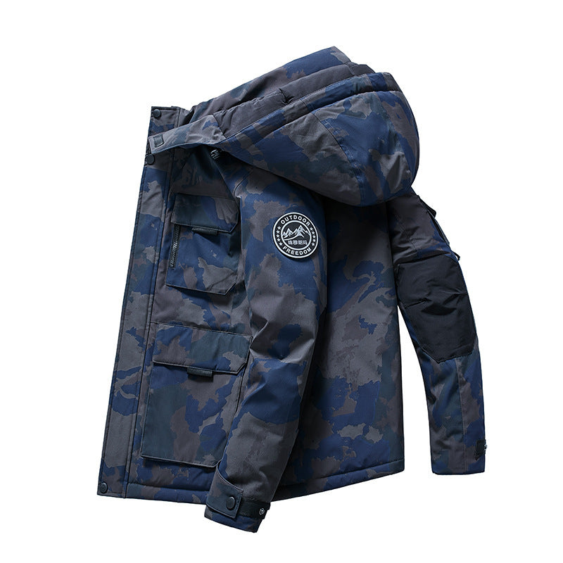 Męska ocieplana field parka z kapturem, Multiple utility kieszeniami i wiatroszczelna Shell