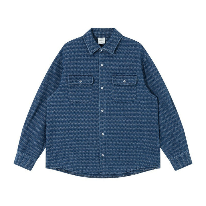 Unisex Strukturalny Bawełna Overshirt Kurtka z Zigzag Jacquard i Patch Kieszenie na piersi