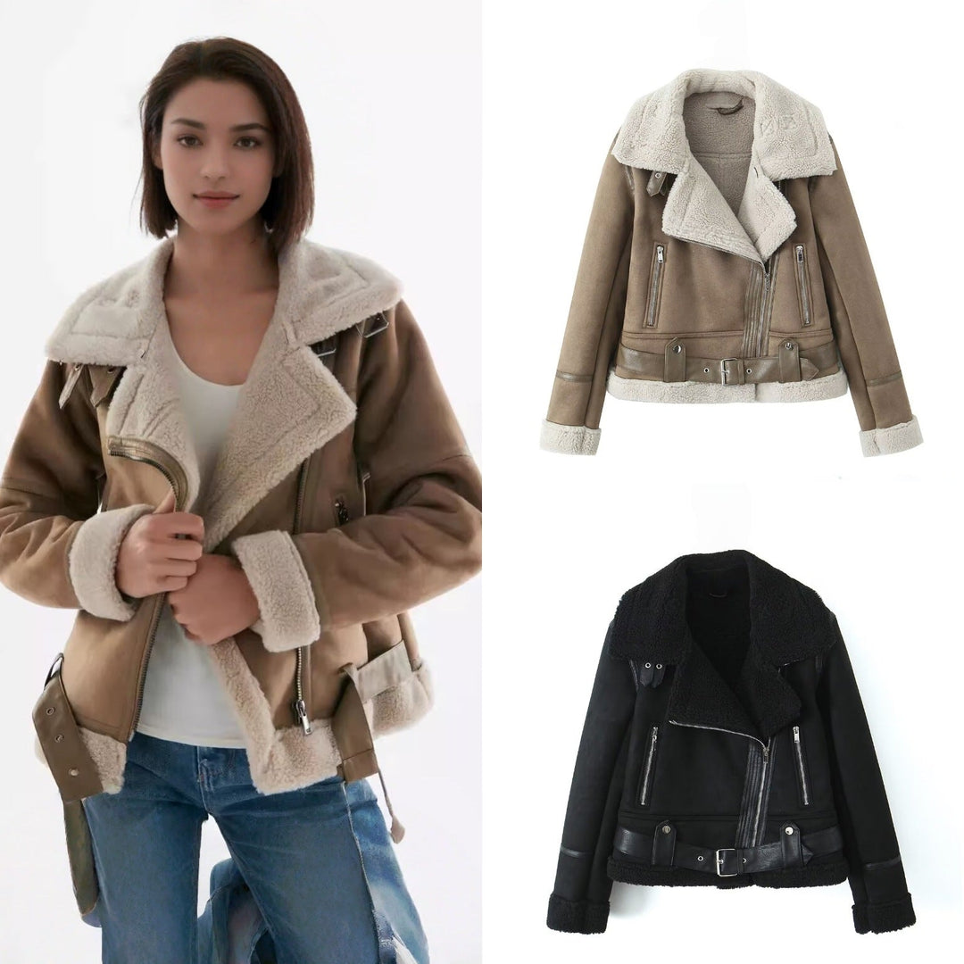 Damska Krótka Krój Lambskin Imitation Biker Kurtka z Asymmetric Zamek, Pasek i Teddy Podszewka