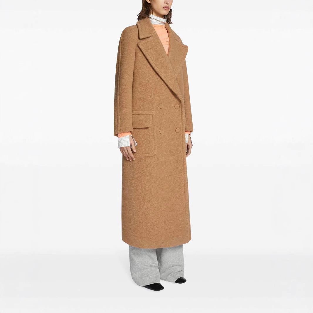 Damska Maxi dwurzędna Wool płaszcz z oversize Lapels i klapką kieszeniami Lumaza
