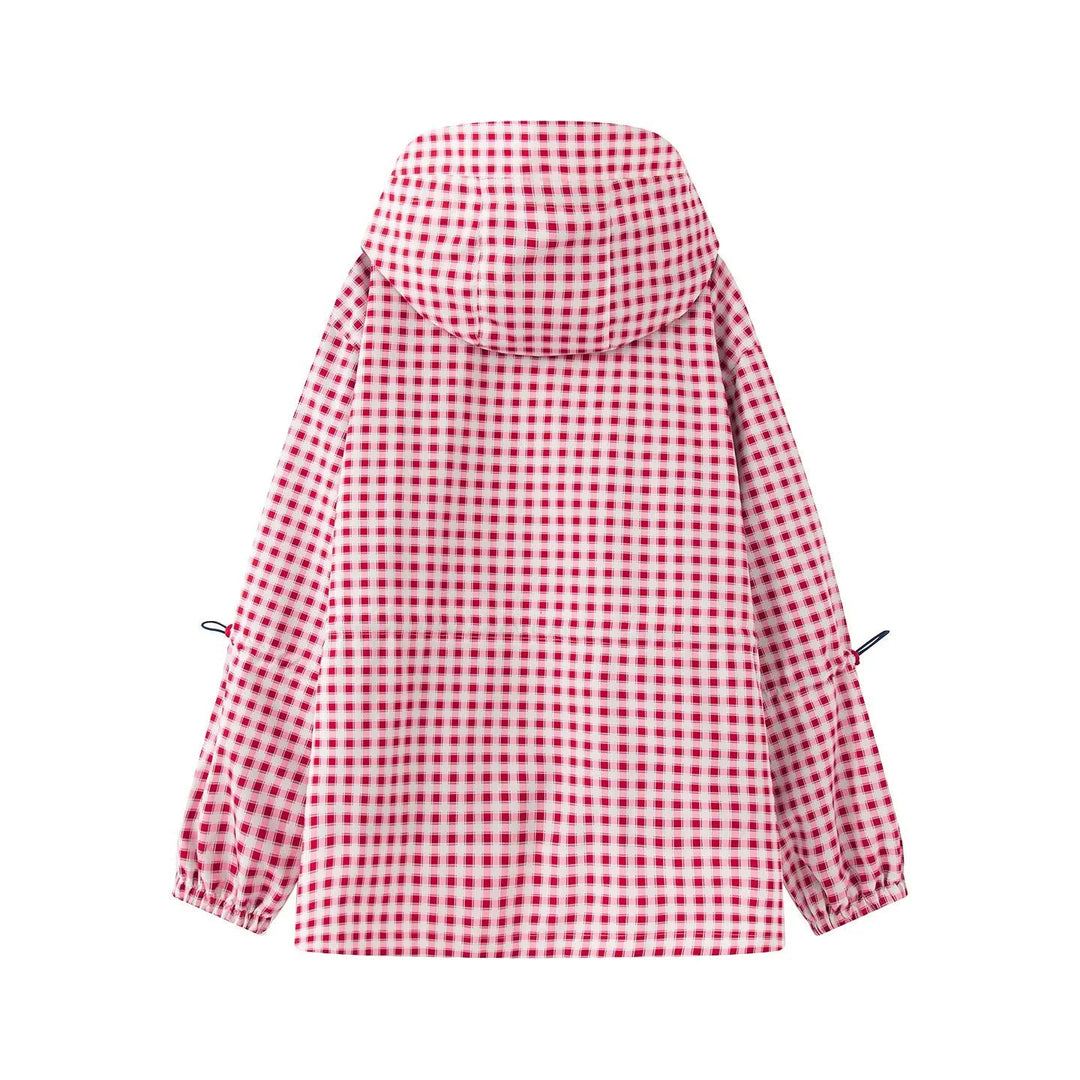 Damska checkered deszczem parka z kaptur, ściągacz Talia i diagonal zippered Kieszenie