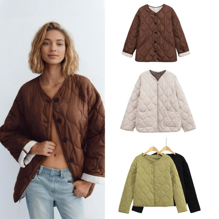Damska kurtka pikowana z okrągły quilting, Listwa guzikowa i V-neck