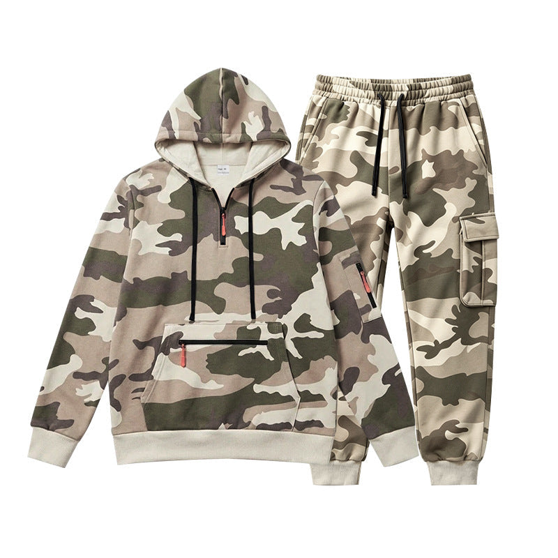 Męska Camouflage Bluza z kapturem Bluza i Jogging Spodnie Set z Cargo Kieszenie i Zippers