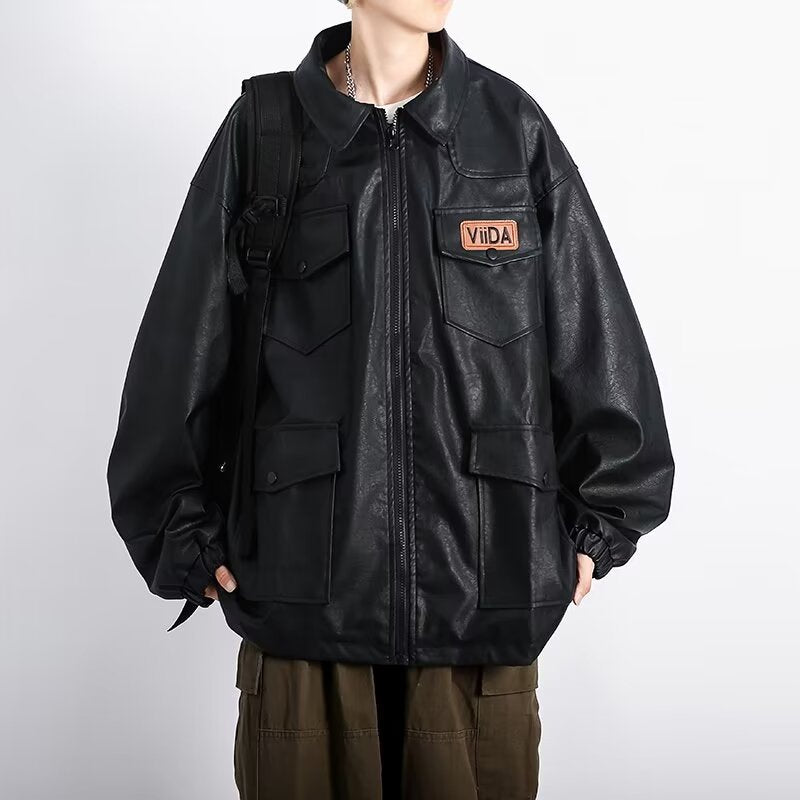 Unisex oversize funkcjonalna imitacja skóry kurtka z Multiple klapką kieszeniami Lumaza