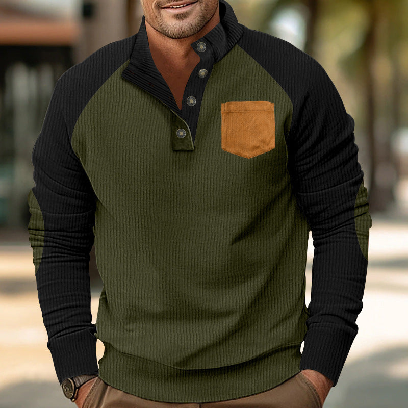 Męska Prążkowany Henley Sweter z Raglanowy Rękawy, Elbow Patches &amp; Klatka piersiowa Kieszeń
