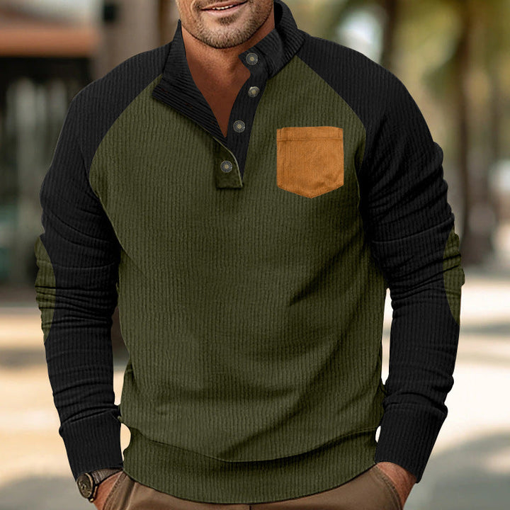 Męska Prążkowany Henley Sweter z Raglanowy Rękawy, Elbow Patches &amp; Klatka piersiowa Kieszeń