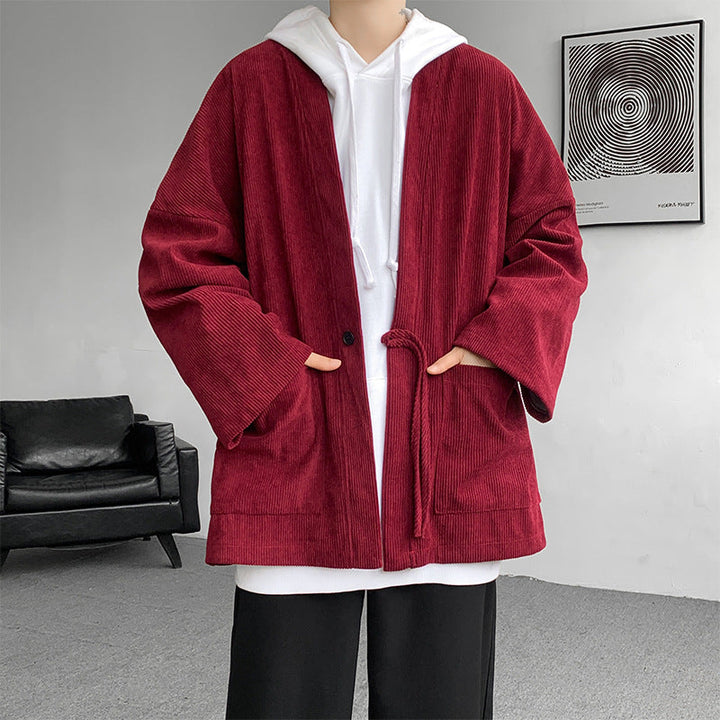 Męska oversize cord kimono kardigan z ściągaczem, naszywanymi kieszeniami i drop rękawy
