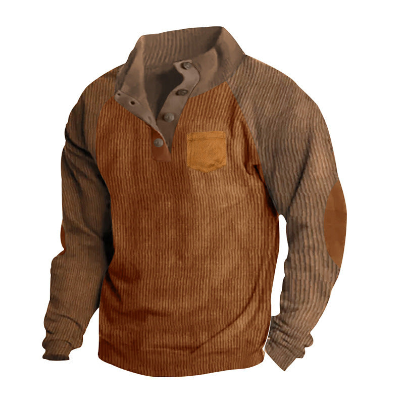 Męska Prążkowany Henley Sweter z Raglanowy Rękawy, Elbow Patches &amp; Klatka piersiowa Kieszeń