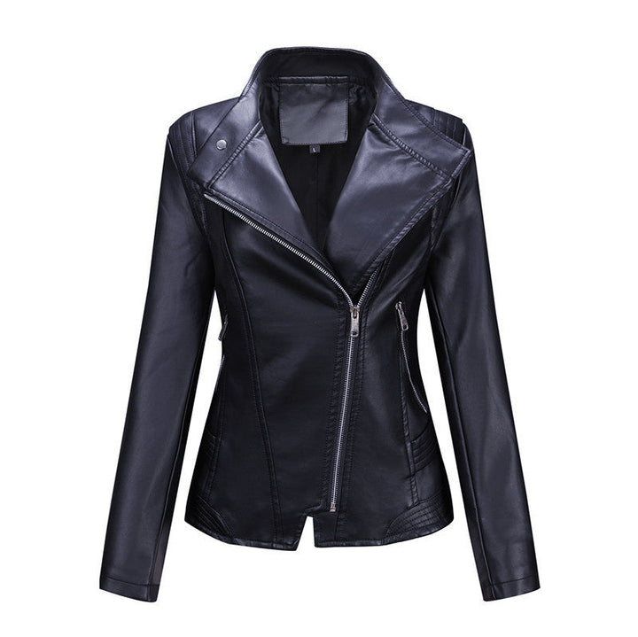 Damska dopasowana biker kurtka made of imitacja skóry z asymmetrical zamkiem błyskawicznym i dopasowana cut Lumaza