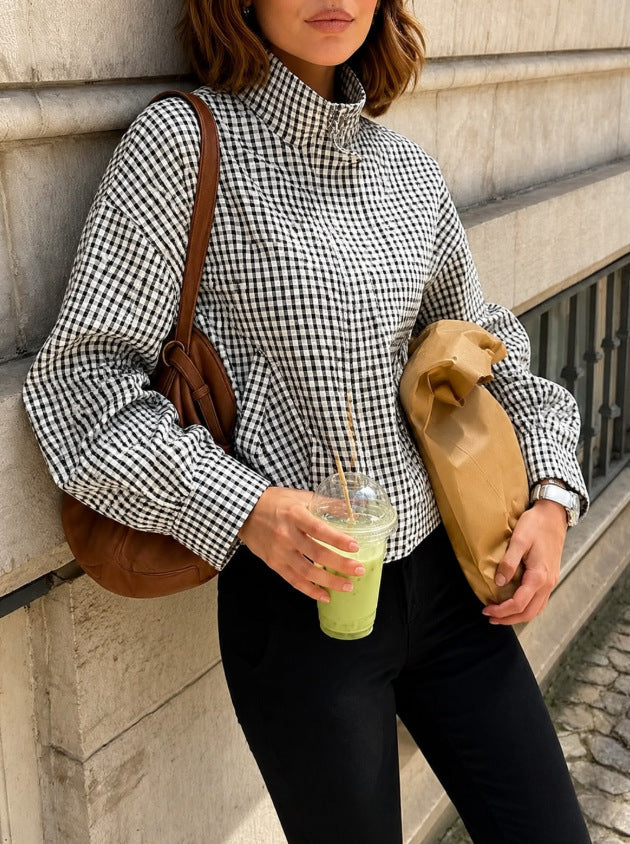 Damskie Oversize Checkered Bluzon Kurtka z Stójka