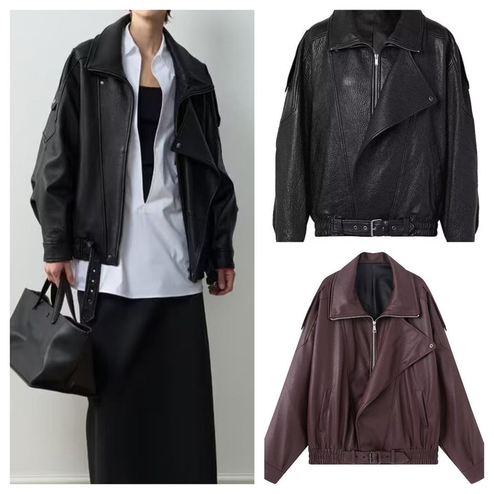 Damska Oversize Imitacja skóry Biker Kurtka z Asymmetrical Zamek, Pasek i Elastyczny Talia