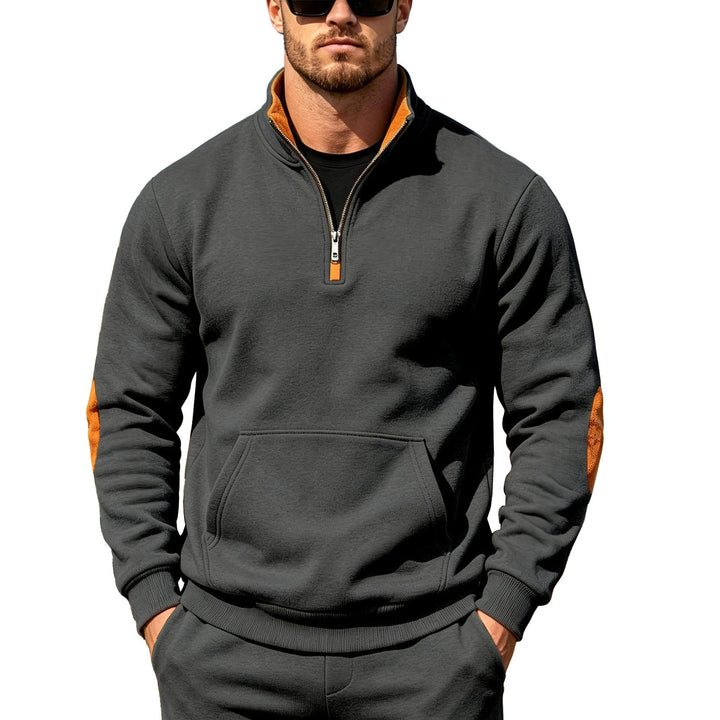 Męska Athletic Krótki zamek Bluza z Elbow Patches i Kieszeń kangurka