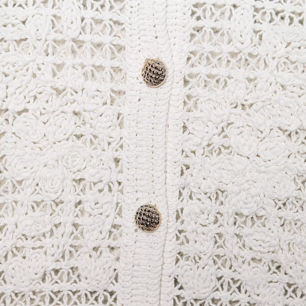 Damska Crocheted Krótka Kurtka w Boucle Wygląd z Ozdobne guziki i Naszywane kieszenie