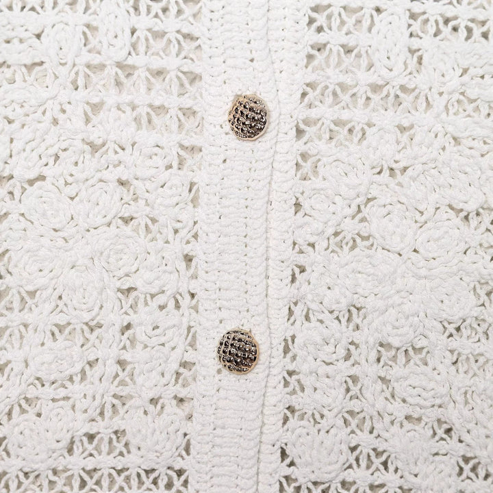 Damska Crocheted Krótka Kurtka w Boucle Wygląd z Ozdobne guziki i Naszywane kieszenie