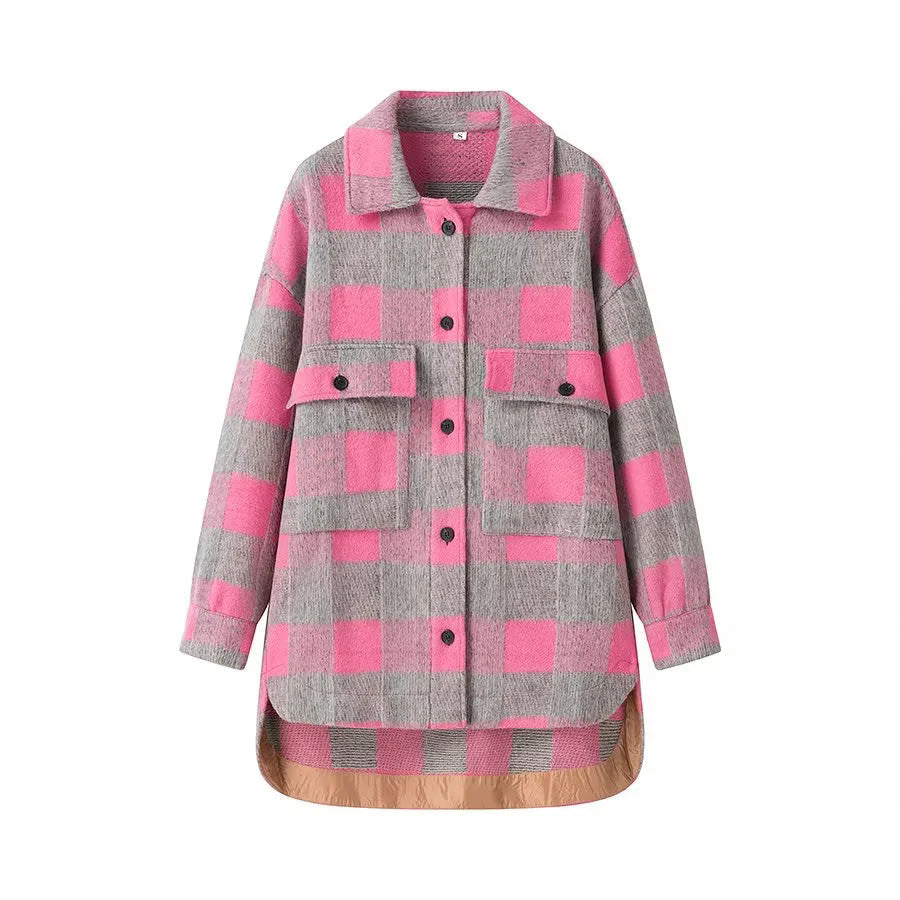 Damska oversize Checked Shacket z naszywane Chest kieszeniami i Rounded Hemline Lumaza