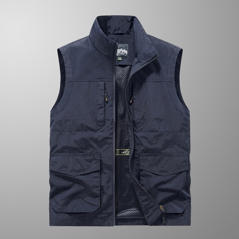 Kamizelka męska ze stójką, z wieloma kieszeniami - z płótna na wędkowanie i wyprawy