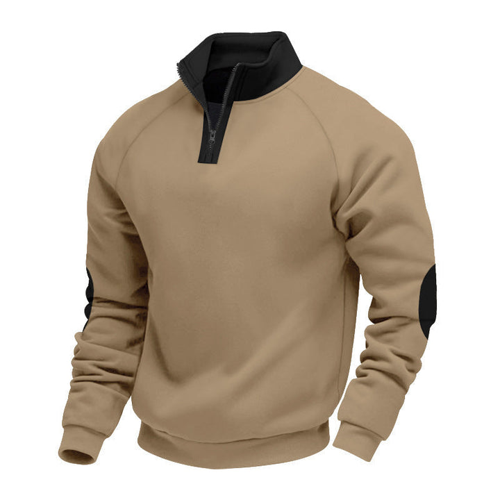 Męska krótki zamek polar pulower z Stójka raglanowy Rękawy i elbow patches