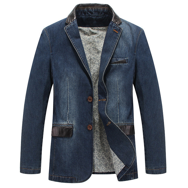 Męski Elegancki Denim Blazer Styl Kurtka z Imitacja skóry Trim i Paisley Podszewka