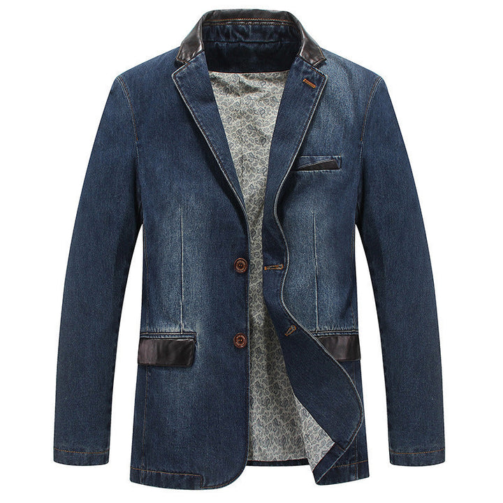 Męski Elegancki Denim Blazer Styl Kurtka z Imitacja skóry Trim i Paisley Podszewka