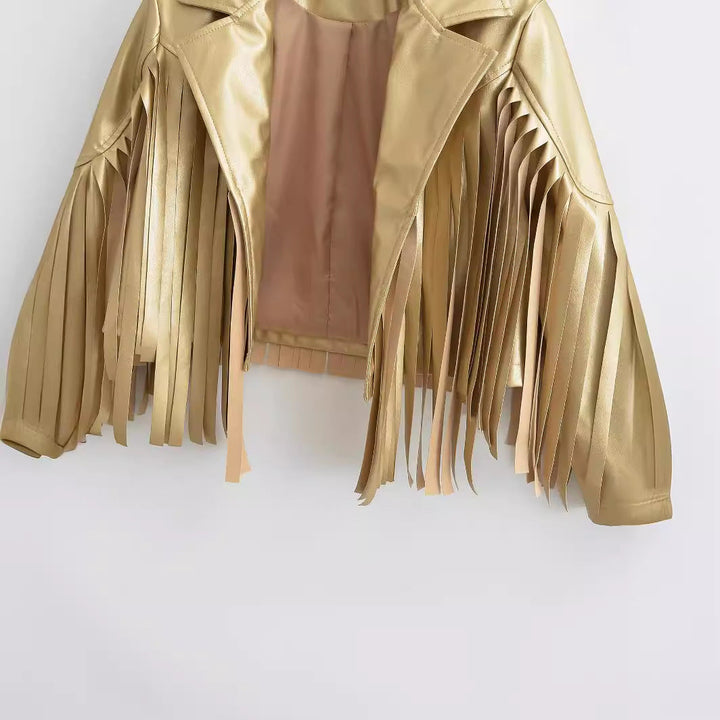 Damska krótka kurtka in biker styl z metallic look i długa leather fringes Lumaza