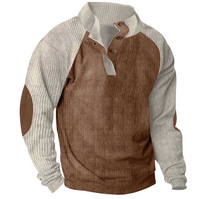 Męska Strukturalny Raglanowy Henley Pulower z Stójka, Elbow Patches &amp; Listwa guzikowa