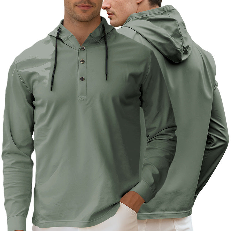 Męska Z kapturem Henley Długa Rękaw Koszula wykonana z Lekka stretch jersey z ściągacz
