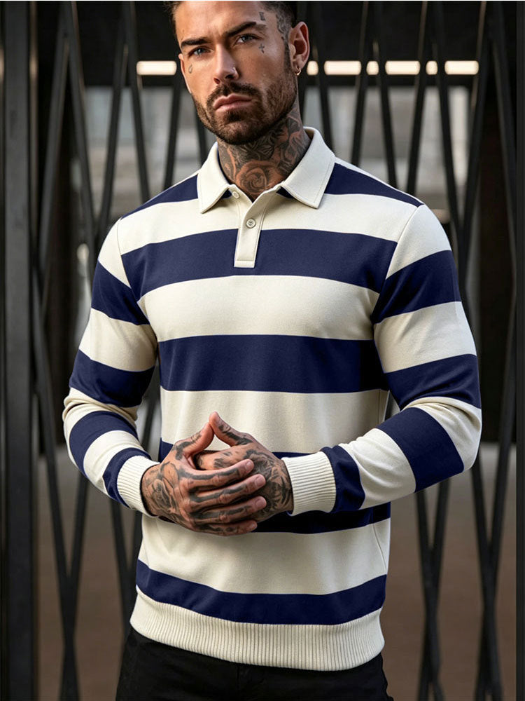 Męska striped rugby polo sweter z Listwa guzikowa i prążkowane mankiety