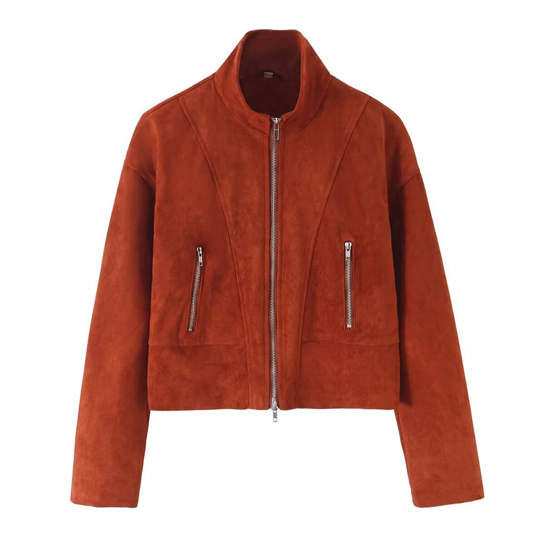 Damska krótka kurtka in boxy krótka cut made of faux suede z ze stójką i metalowym zamkiem błyskawicznyms Lumaza