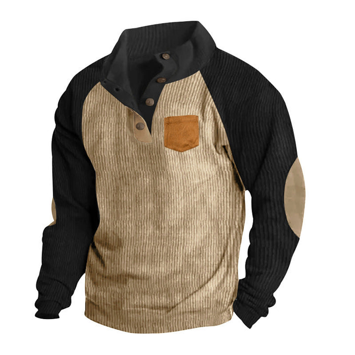 Męska Prążkowany Henley Sweter z Raglanowy Rękawy, Elbow Patches &amp; Klatka piersiowa Kieszeń