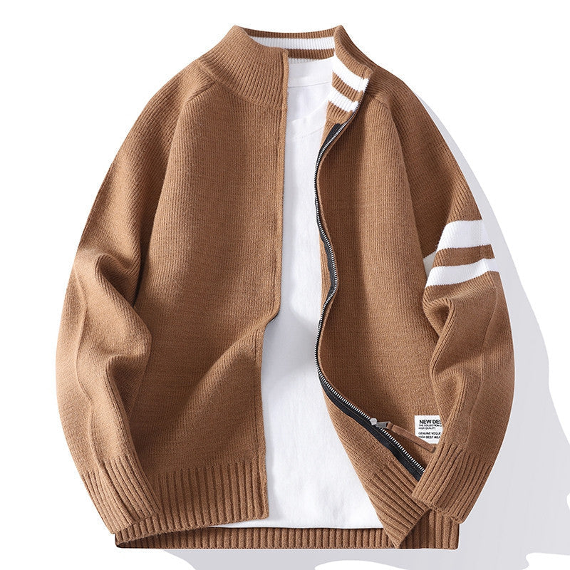 Męska dzianinowa zamek kardigan w college Styl z striped rękaw band i prążkowany Stójka