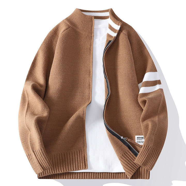 Męska dzianinowa zamek kardigan w college Styl z striped rękaw band i prążkowany Stójka