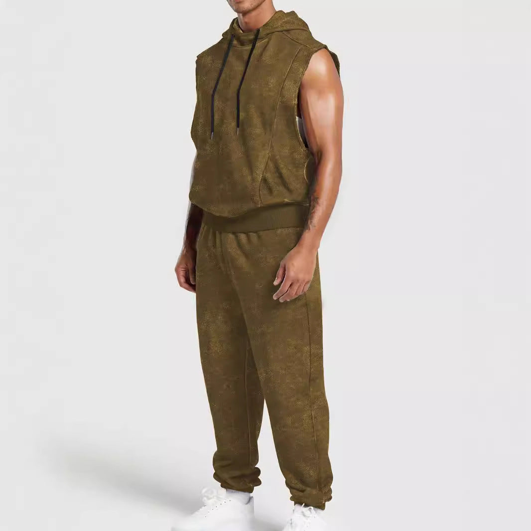 Męska sleeveless z kapturem sweat set w welur wygląd z elastyczny joggery i prążkowane mankiety