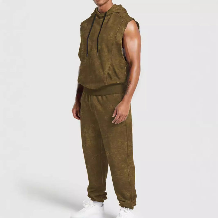 Męska sleeveless z kapturem sweat set w welur wygląd z elastyczny joggery i prążkowane mankiety