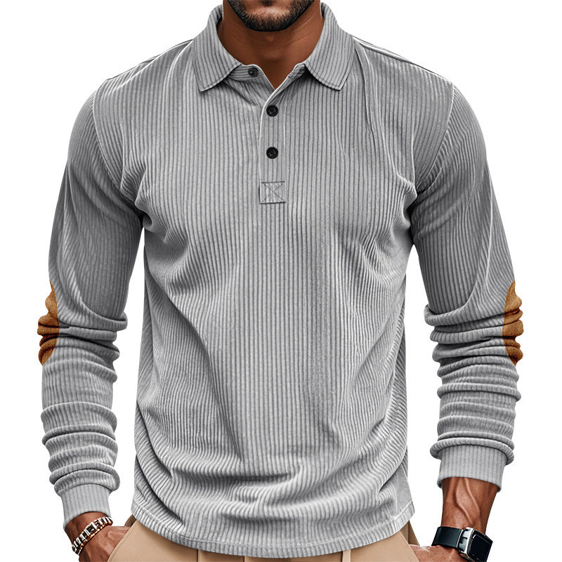 Męska heavy prążkowany bawełna polo sweter z Kent Kołnierz, triple Listwa guzikowa, i zamsz elbow patches
