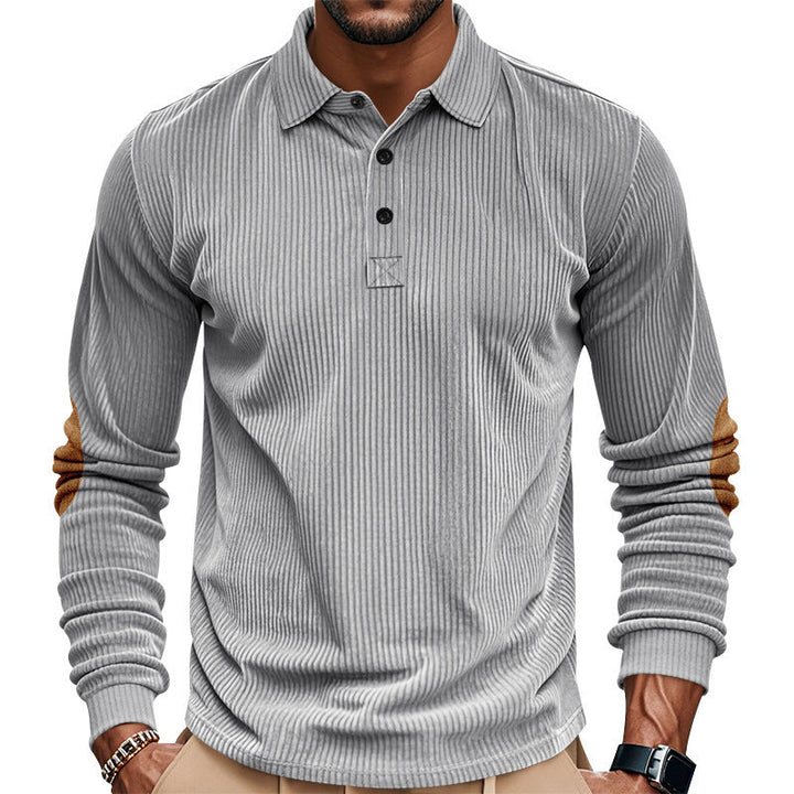 Męska heavy prążkowany bawełna polo sweter z Kent Kołnierz, triple Listwa guzikowa, i zamsz elbow patches