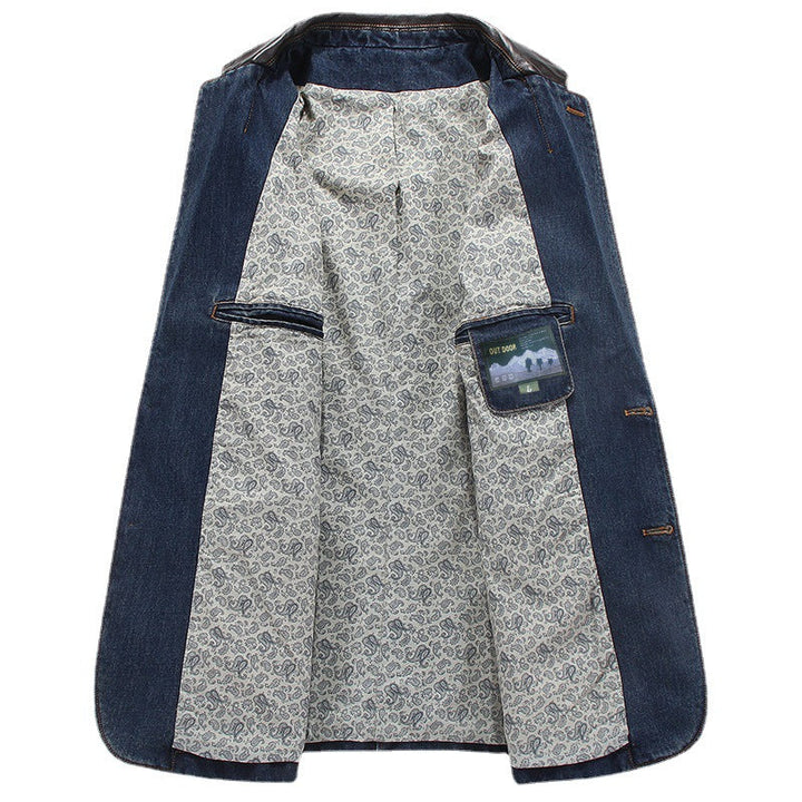 Męski Elegancki Denim Blazer Styl Kurtka z Imitacja skóry Trim i Paisley Podszewka