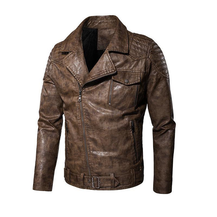 Męski imitacja skóry biker kurtka z ramienny pikowanie, asymmetric zamek, i regulowany belted waist