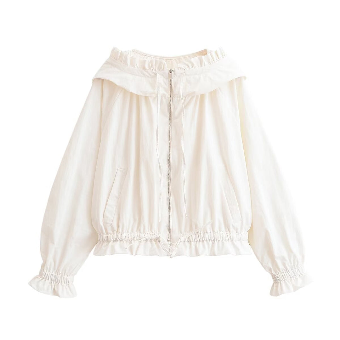 Damska lekka krótka Transitional kurtka z Ruffled kołnierzem, ściągaczem i Elastic Cuffs Lumaza